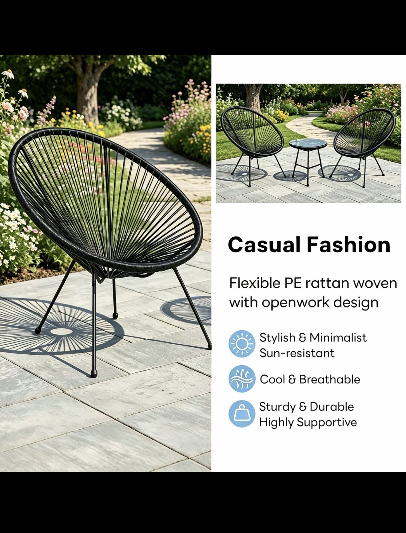 Alivio 2-Seater Acapulco-Style Bistro Set with Glass-Top Table — Black