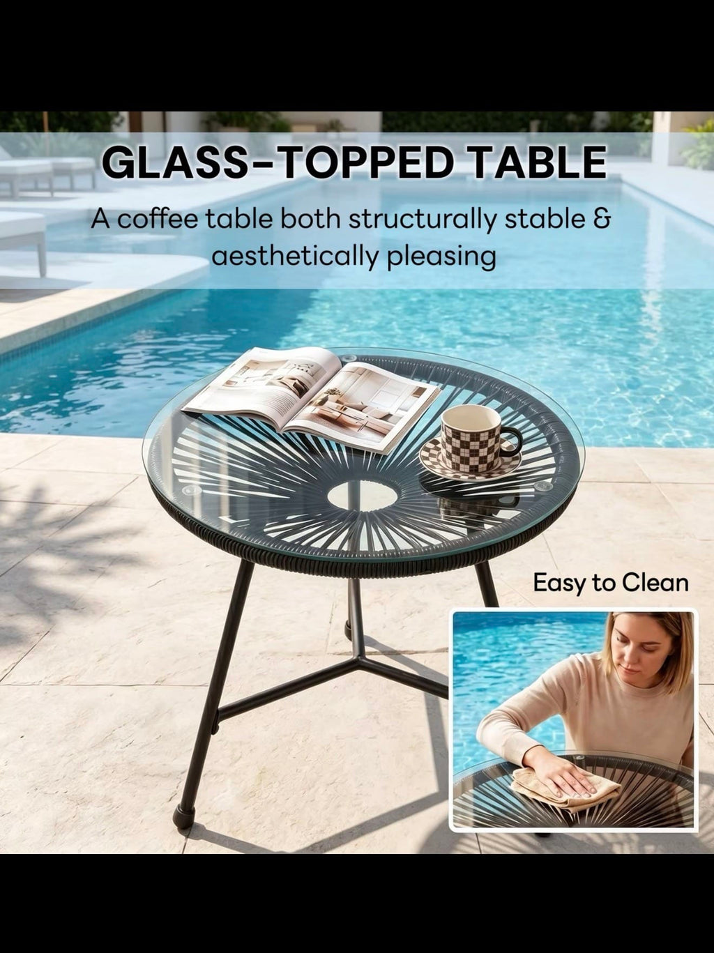 Alivio 2-Seater Acapulco-Style Bistro Set with Glass-Top Table — Black