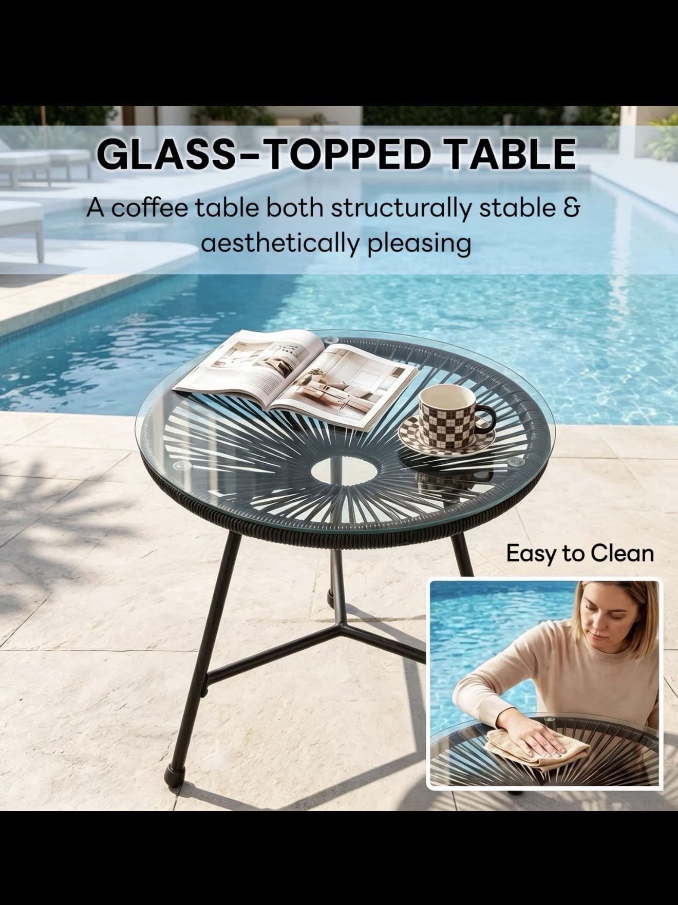 Alivio 2-Seater Acapulco-Style Bistro Set with Glass-Top Table — Black