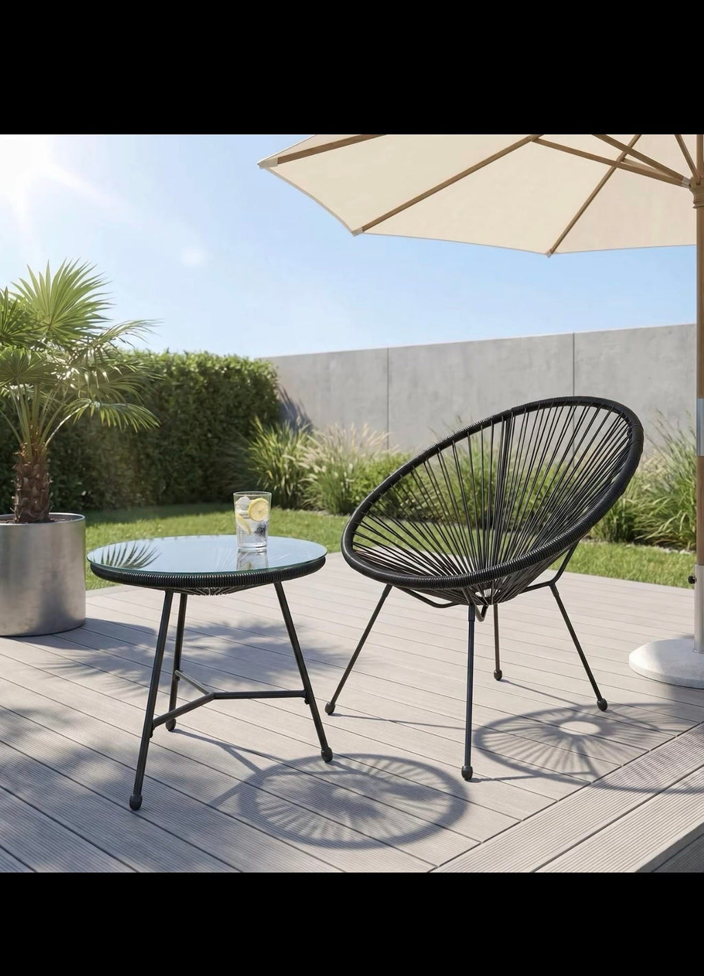 Alivio 2-Seater Acapulco-Style Bistro Set with Glass-Top Table — Black