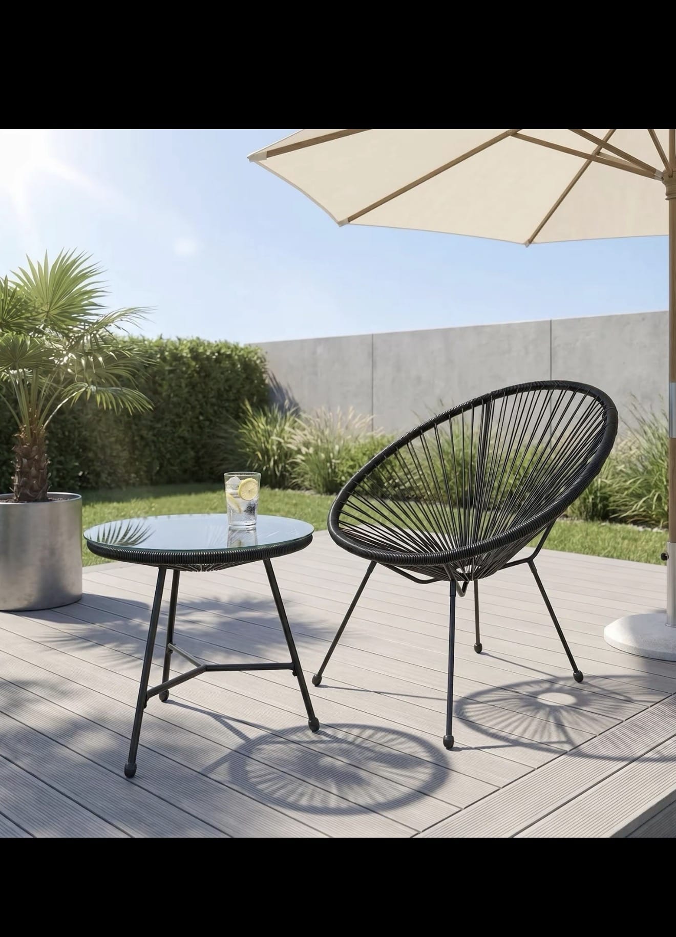 Alivio 2-Seater Acapulco-Style Bistro Set with Glass-Top Table — Black