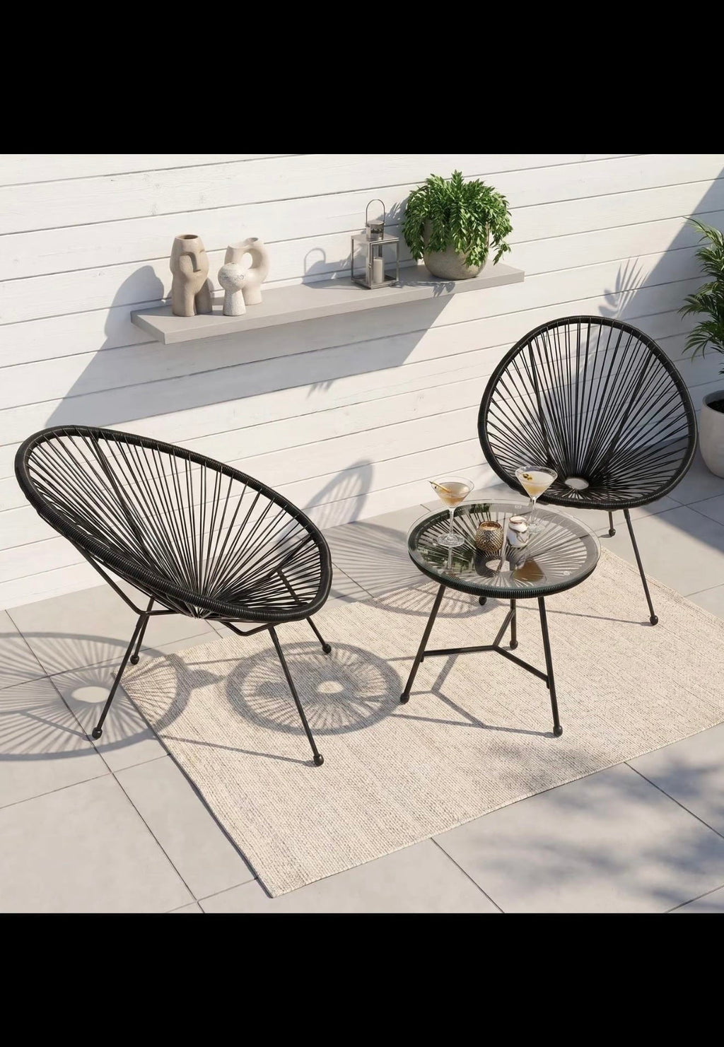 Alivio 2-Seater Acapulco-Style Bistro Set with Glass-Top Table — Black