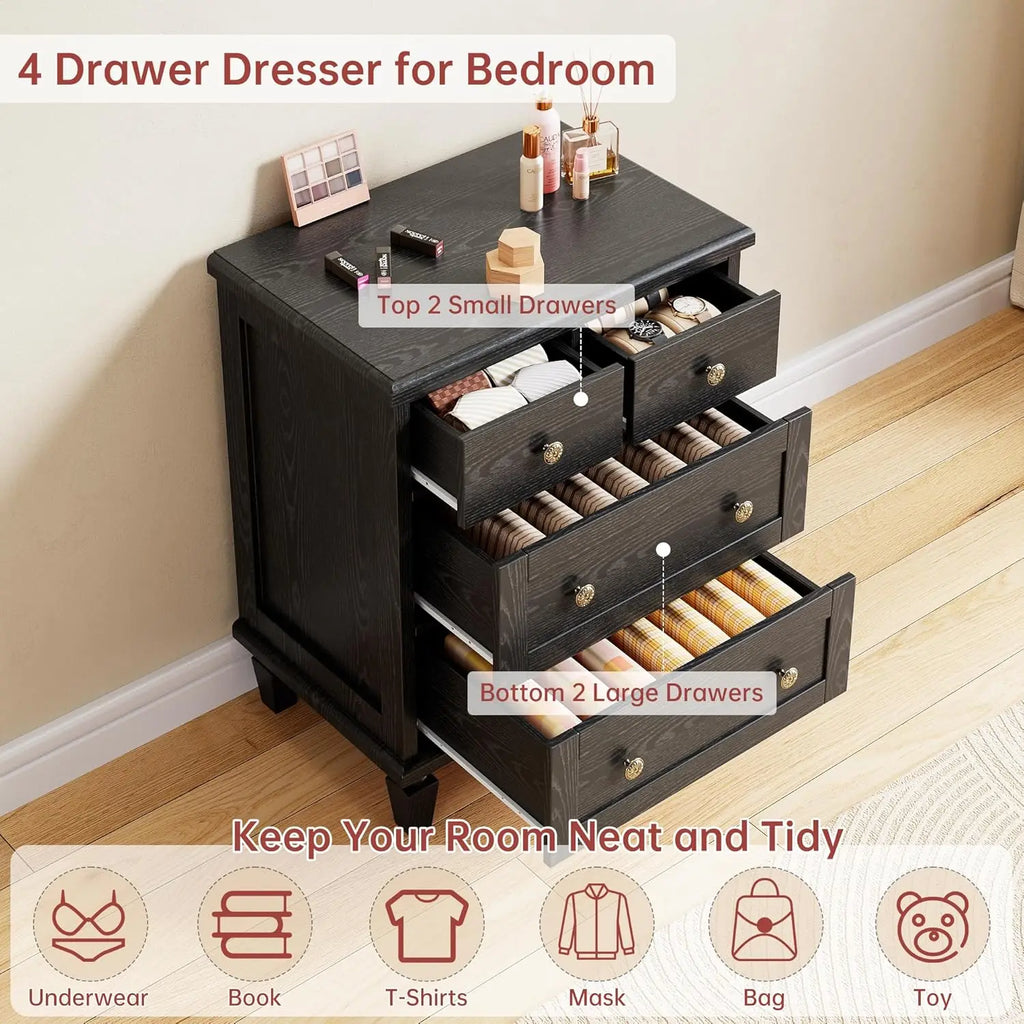 4 Drawer Vintage Dresser — Carved Handles, Tapered Legs & Wood Chest of Drawers for Bedroom