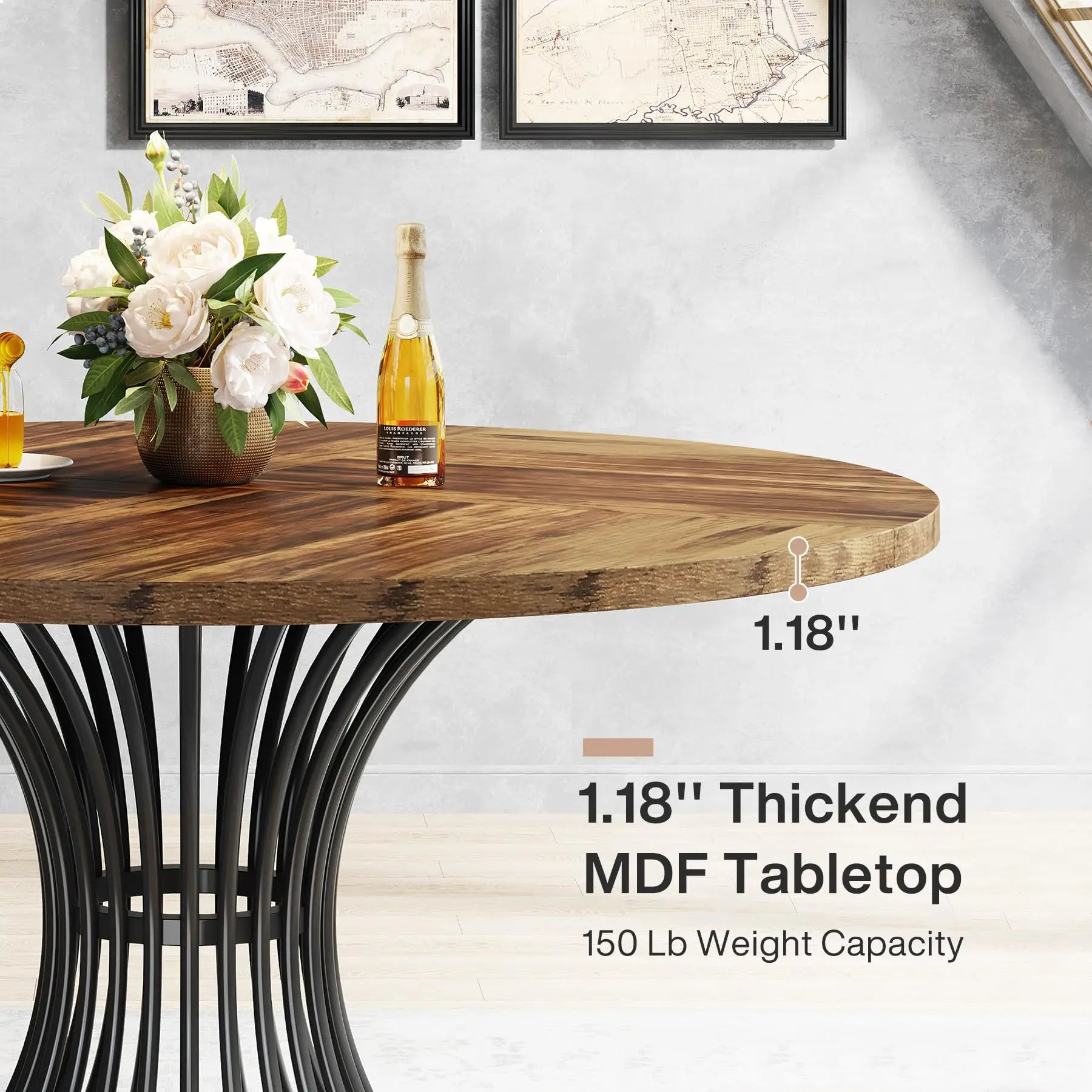 Round Dining Table for 4–6 — 47 Inch Farmhouse Circle Table with Hourglass Metal Base