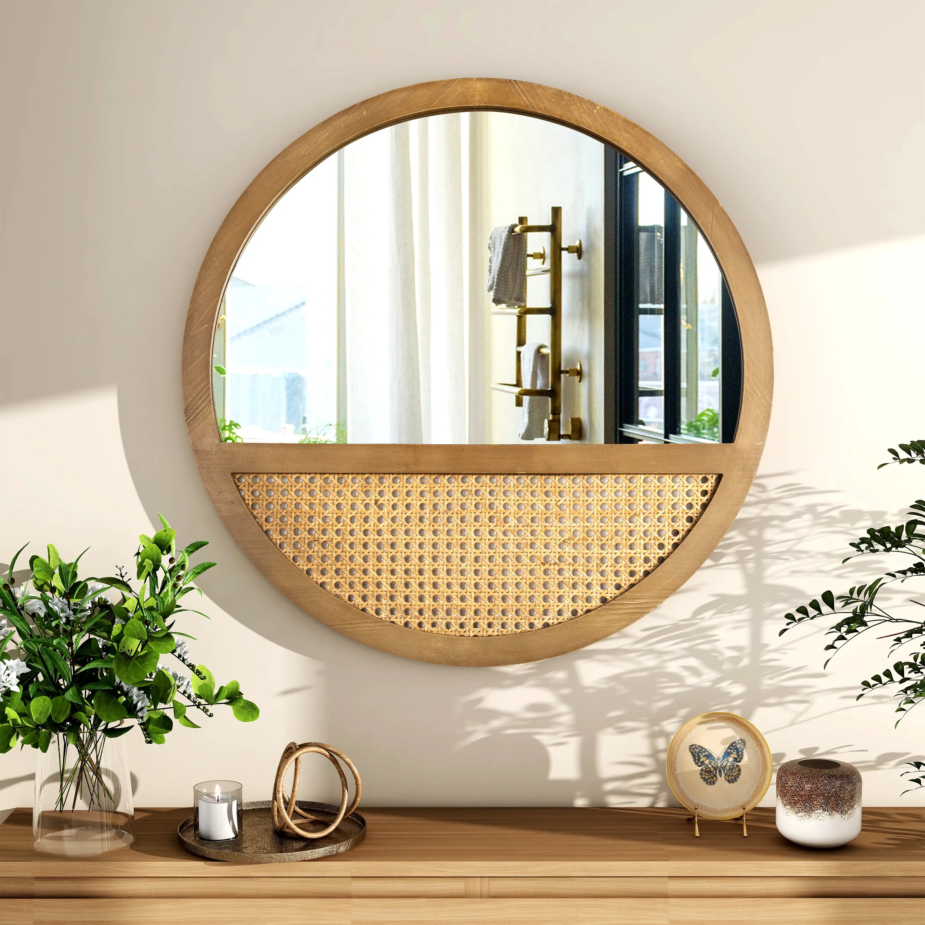 Rattan Round Wall Mirror — 24 Inch Handcrafted Wooden Frame, Vintage Boho Hanging Mirror