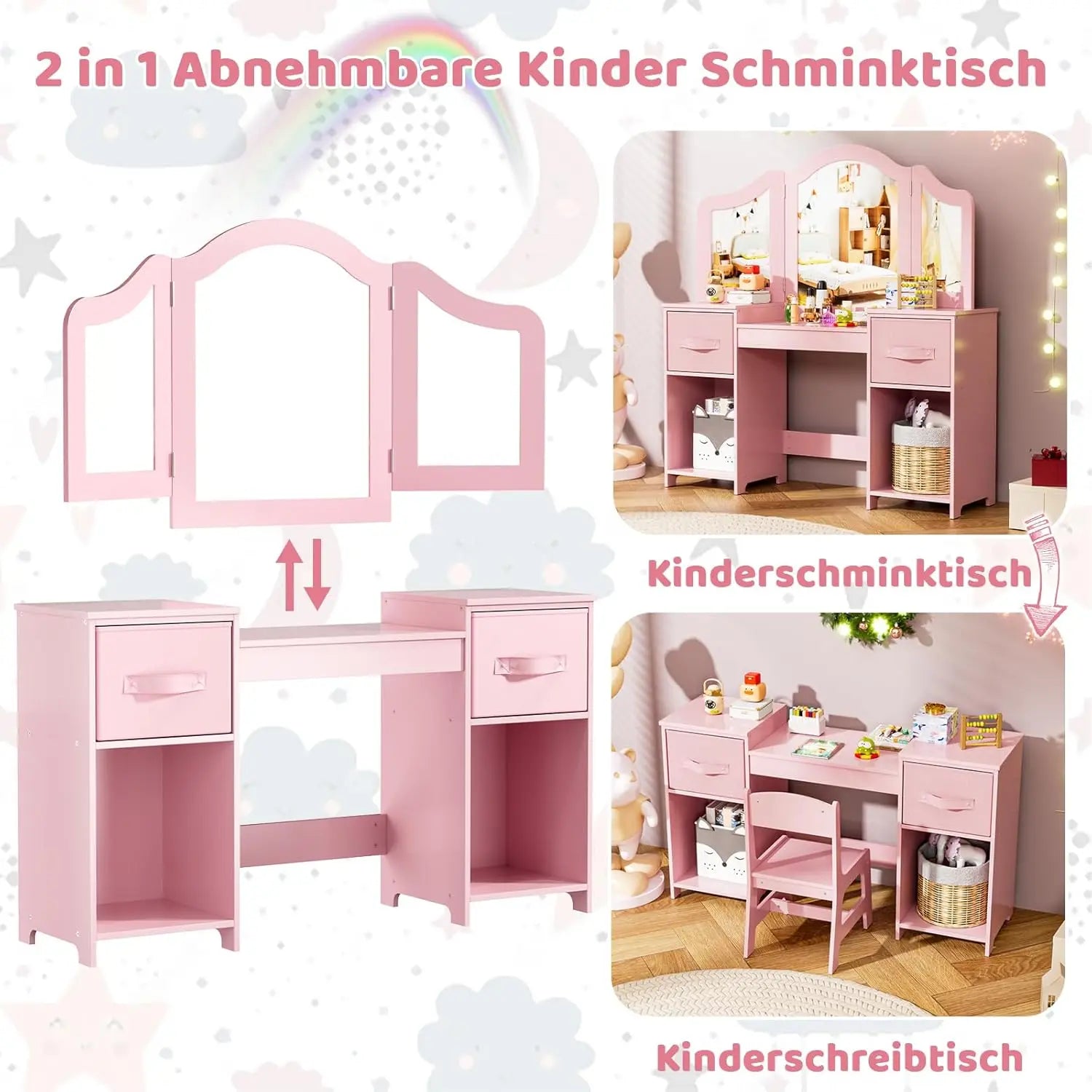 Children's Dressing Table & Chair Set | Girls Vanity Desk with Mirror | Pink