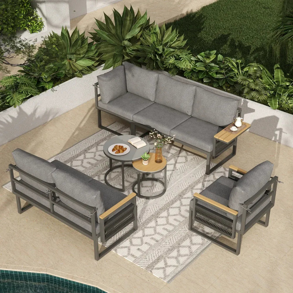 5-6 Seater Garden Furniture Set, Rope Woven Outdoor Corner Sofa with Matching Armchair, 2 Nesting Tempered Glass Coffee Tables