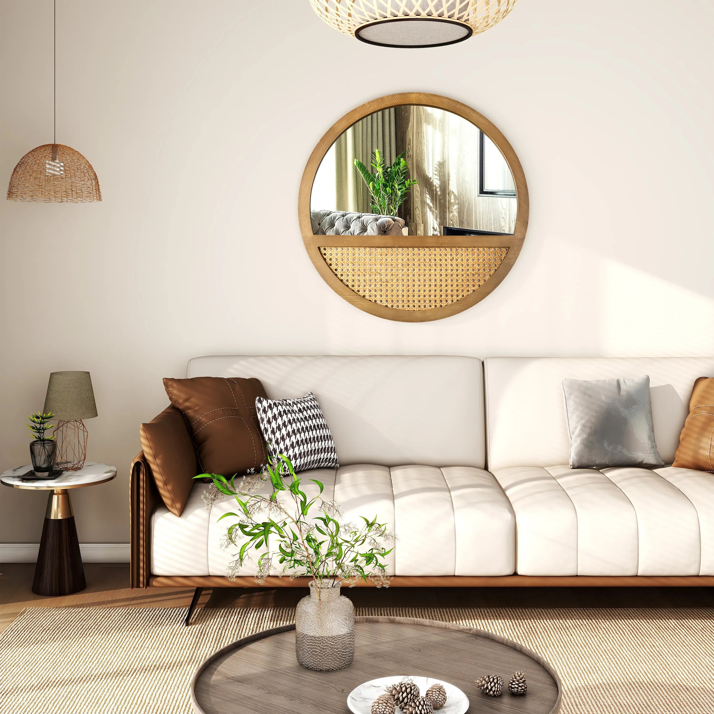 Rattan Round Wall Mirror — 24 Inch Handcrafted Wooden Frame, Vintage Boho Hanging Mirror