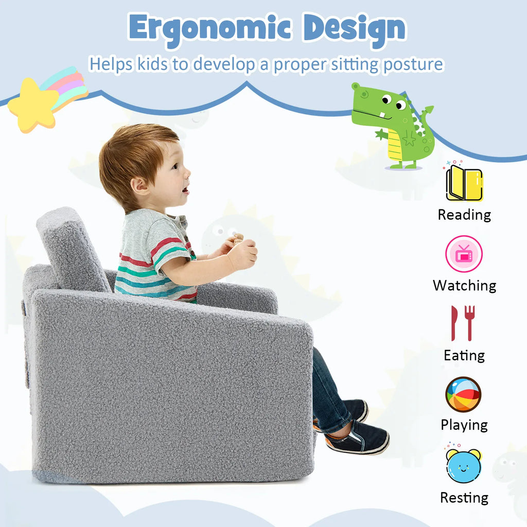 2-in-1 Toddler Fold-Out Sofa & Lounger | Washable Teddy Fleece Cover | Grey
