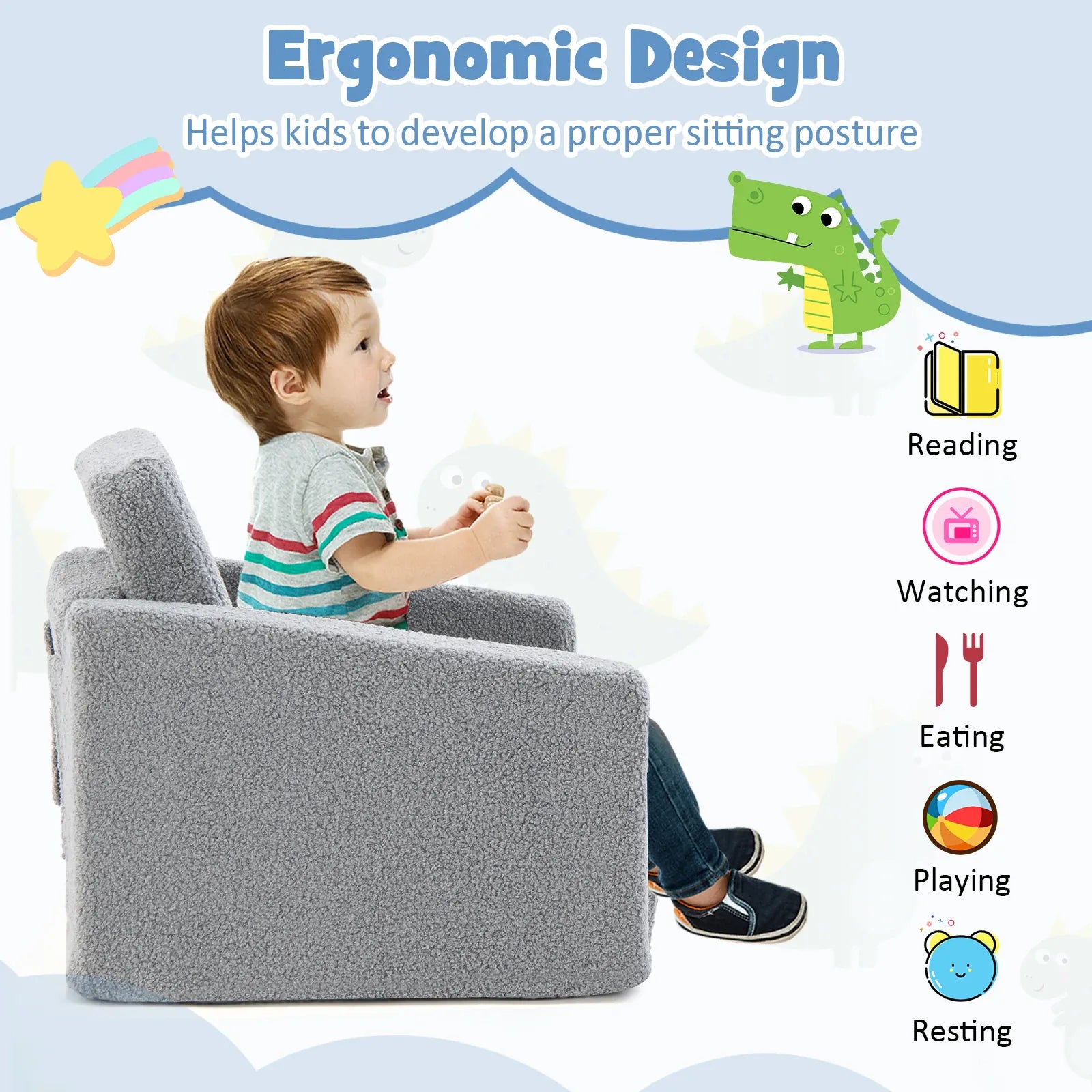 2-in-1 Toddler Fold-Out Sofa & Lounger | Washable Teddy Fleece Cover | Grey