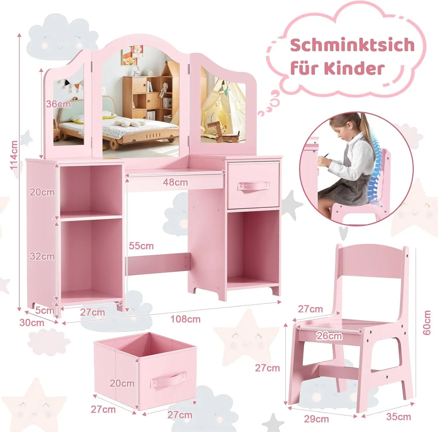 Children's Dressing Table & Chair Set | Girls Vanity Desk with Mirror | Pink