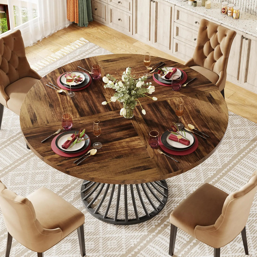 Round Dining Table for 4–6 — 47 Inch Farmhouse Circle Table with Hourglass Metal Base