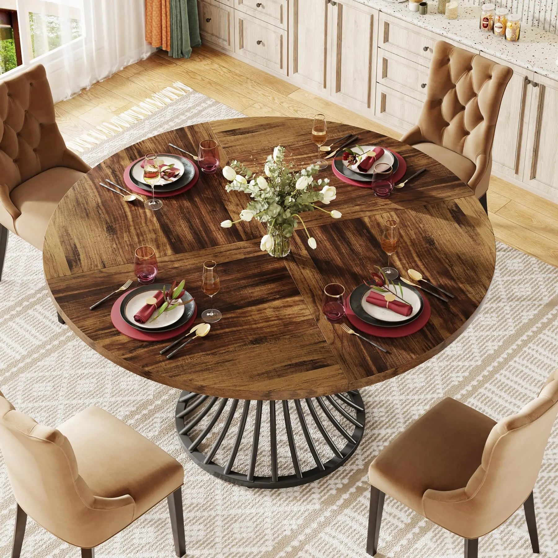 Round Dining Table for 4–6 — 47 Inch Farmhouse Circle Table with Hourglass Metal Base