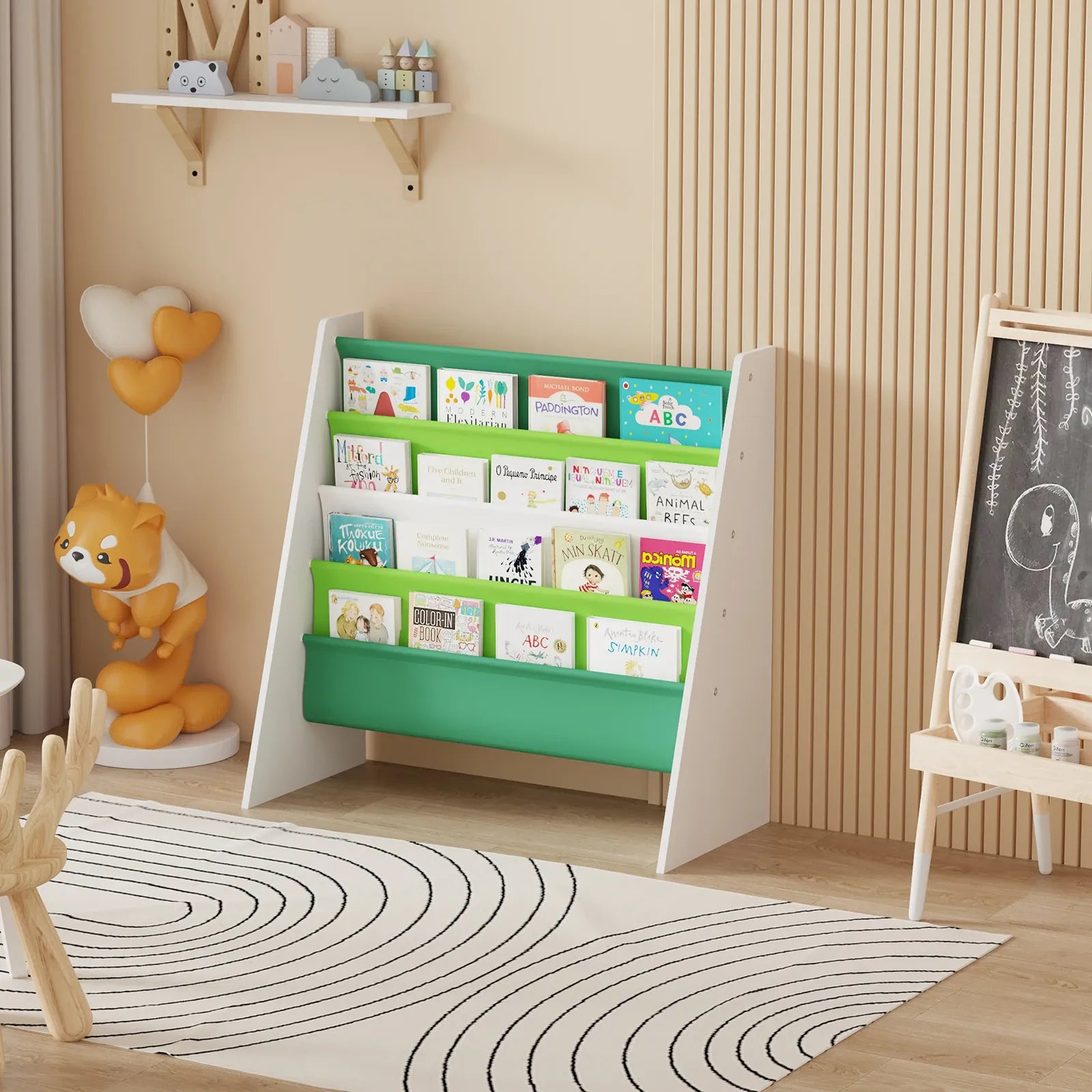 Kids 4-Tier Wooden Sling Bookshelf | Easy-Reach Book Rack | Blue, Green, Yellow & Pink