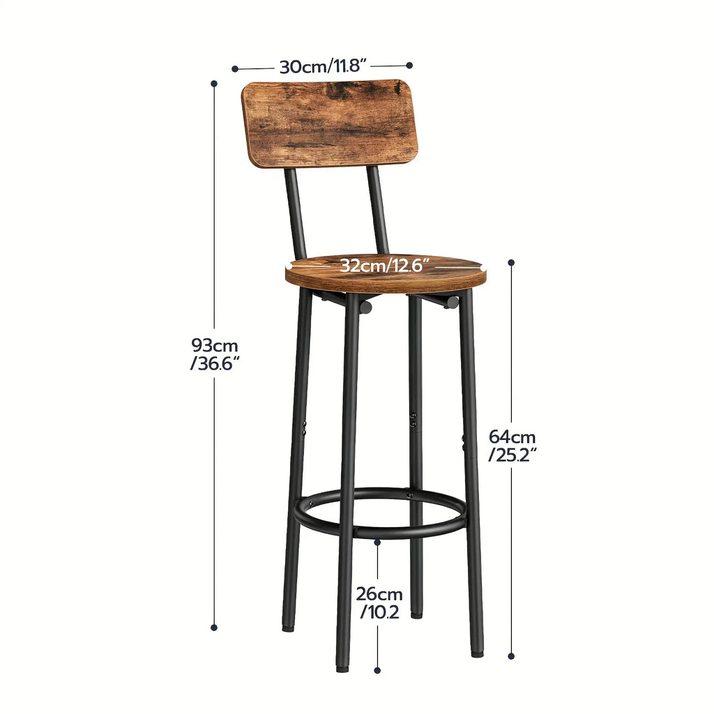 2 Modern Round Bar Stools with Back - Counter Height Bar Chairs Suitable for Kitchen Island, Dining Room, Wood/Metal Frame