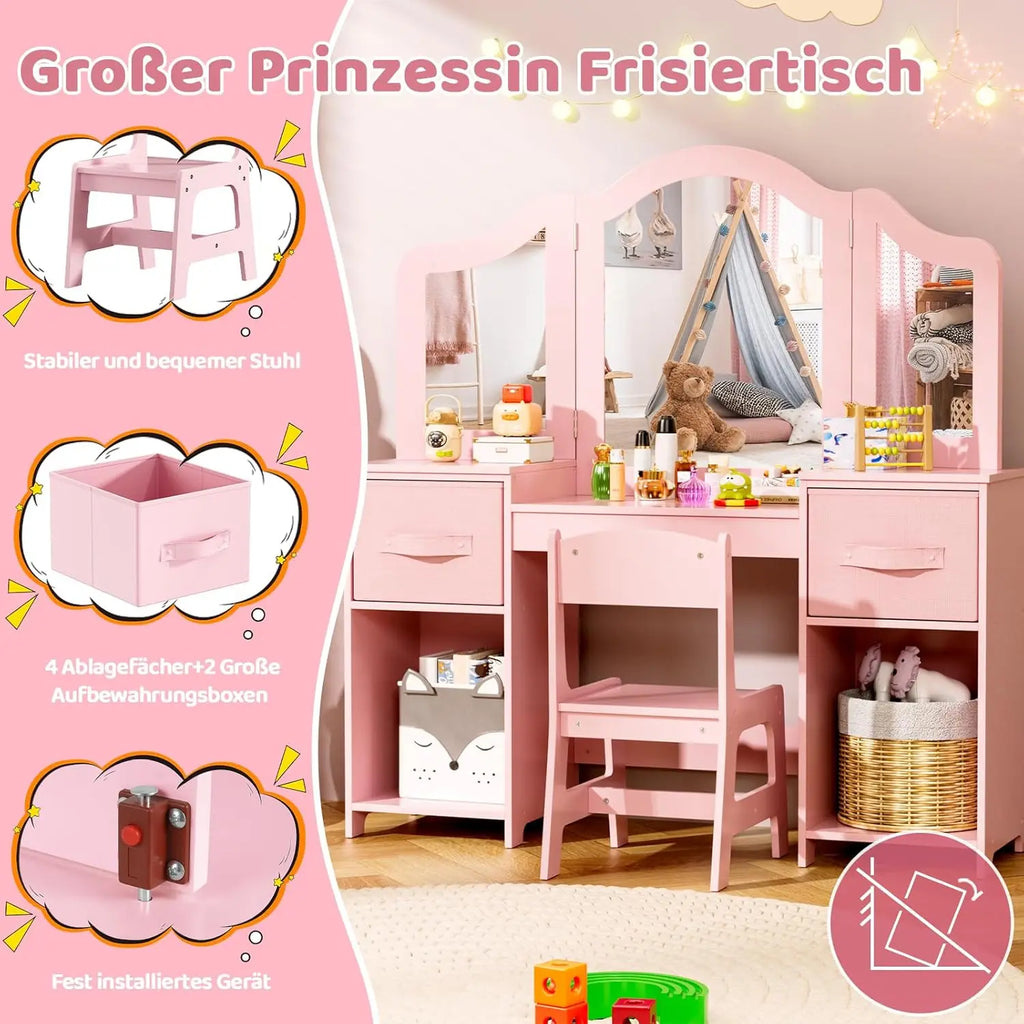 Children's Dressing Table & Chair Set | Girls Vanity Desk with Mirror | Pink