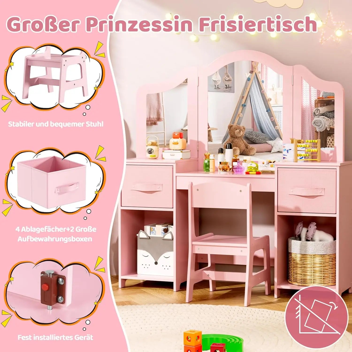 Children's Dressing Table & Chair Set | Girls Vanity Desk with Mirror | Pink