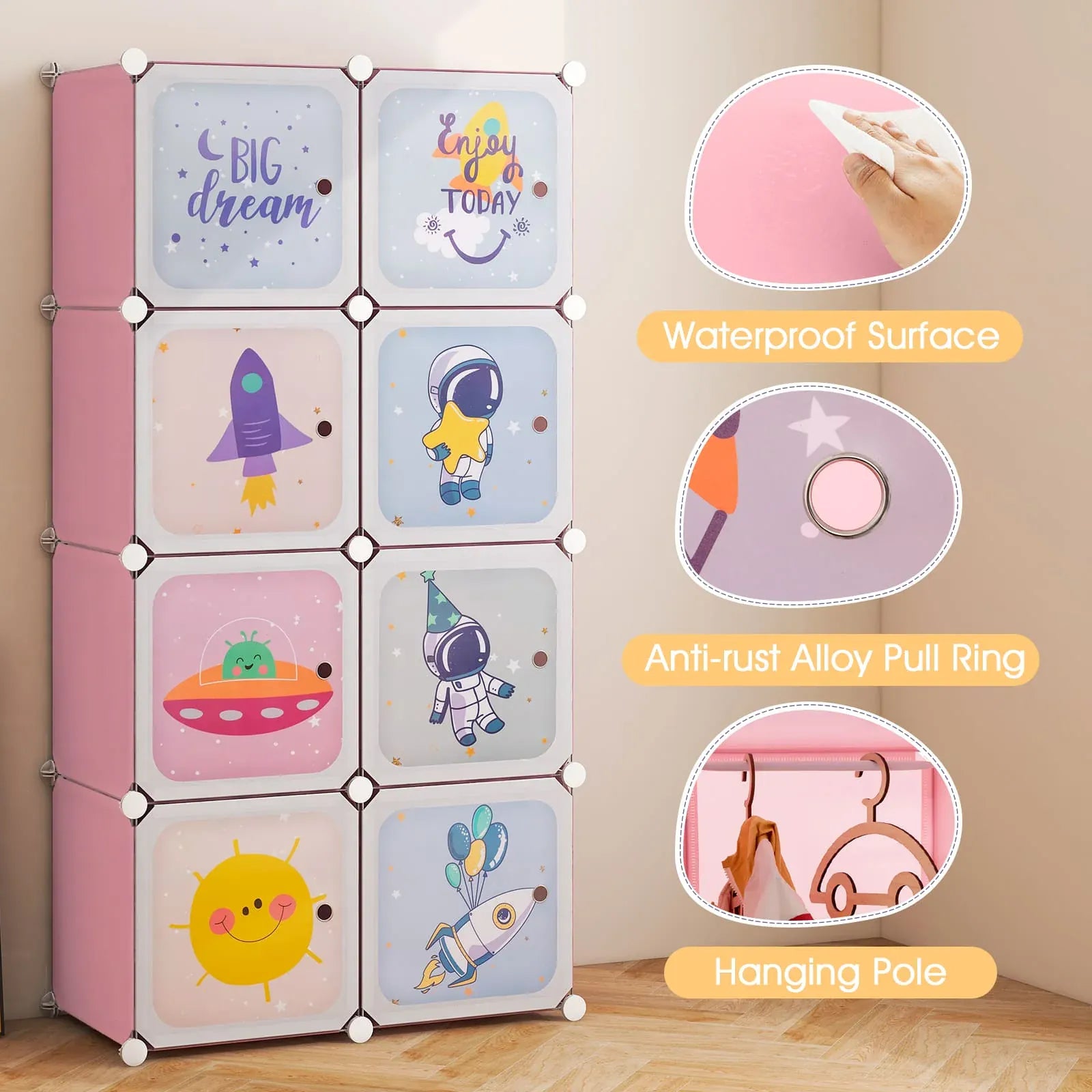 Kids 8-Cube Wardrobe & Storage Organiser | Portable Closet with Hanging Rail | Pink