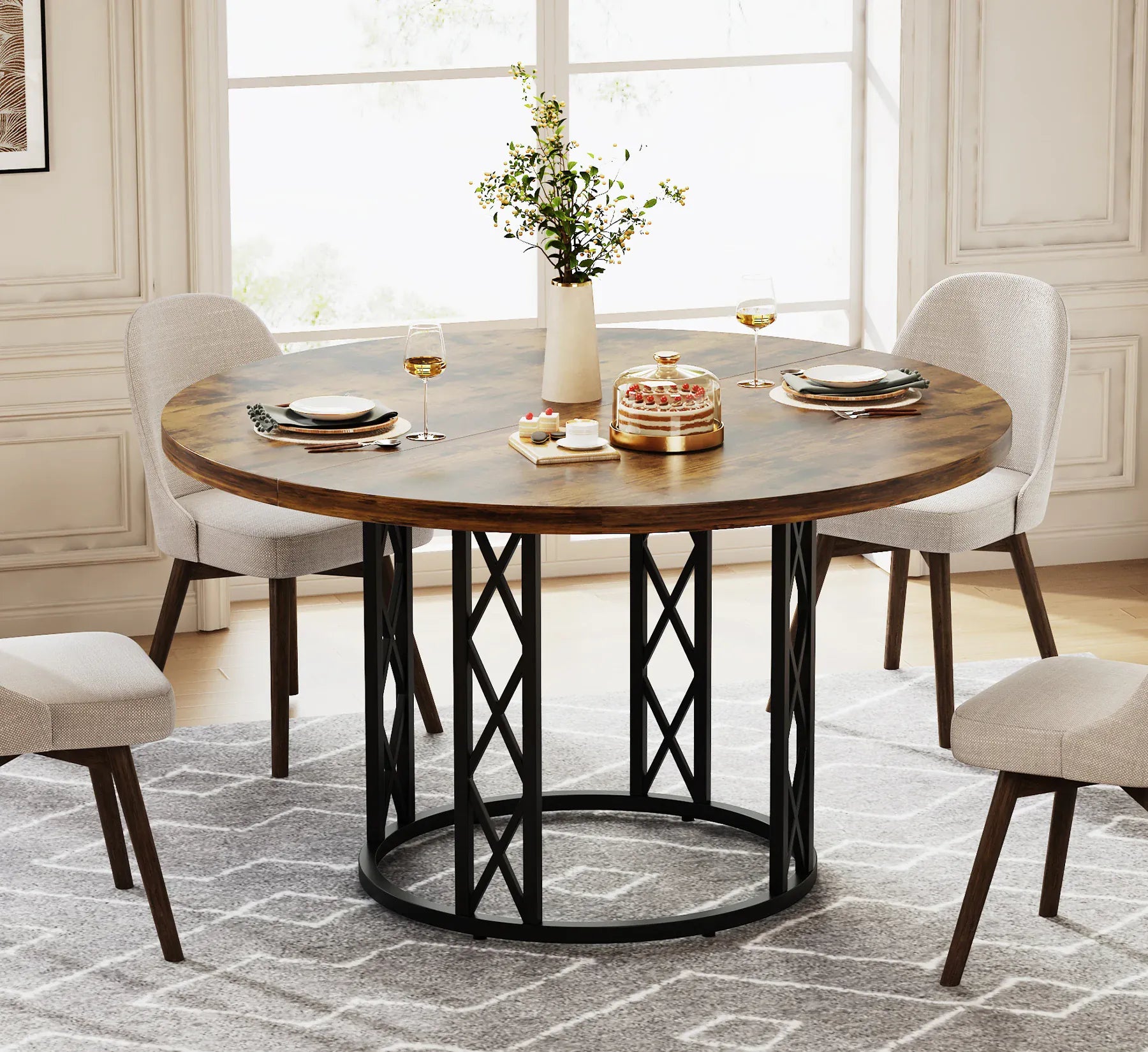Round Dining Table for 4–6 — 47 Inch Farmhouse Circle Table with Hourglass Metal Base