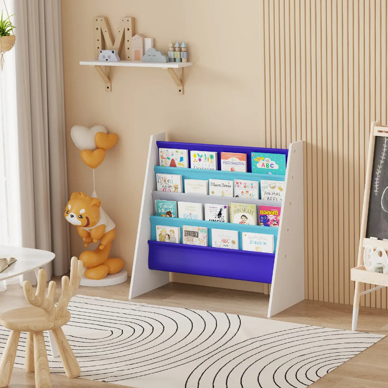 Kids 4-Tier Wooden Sling Bookshelf | Easy-Reach Book Rack | Blue, Green, Yellow & Pink