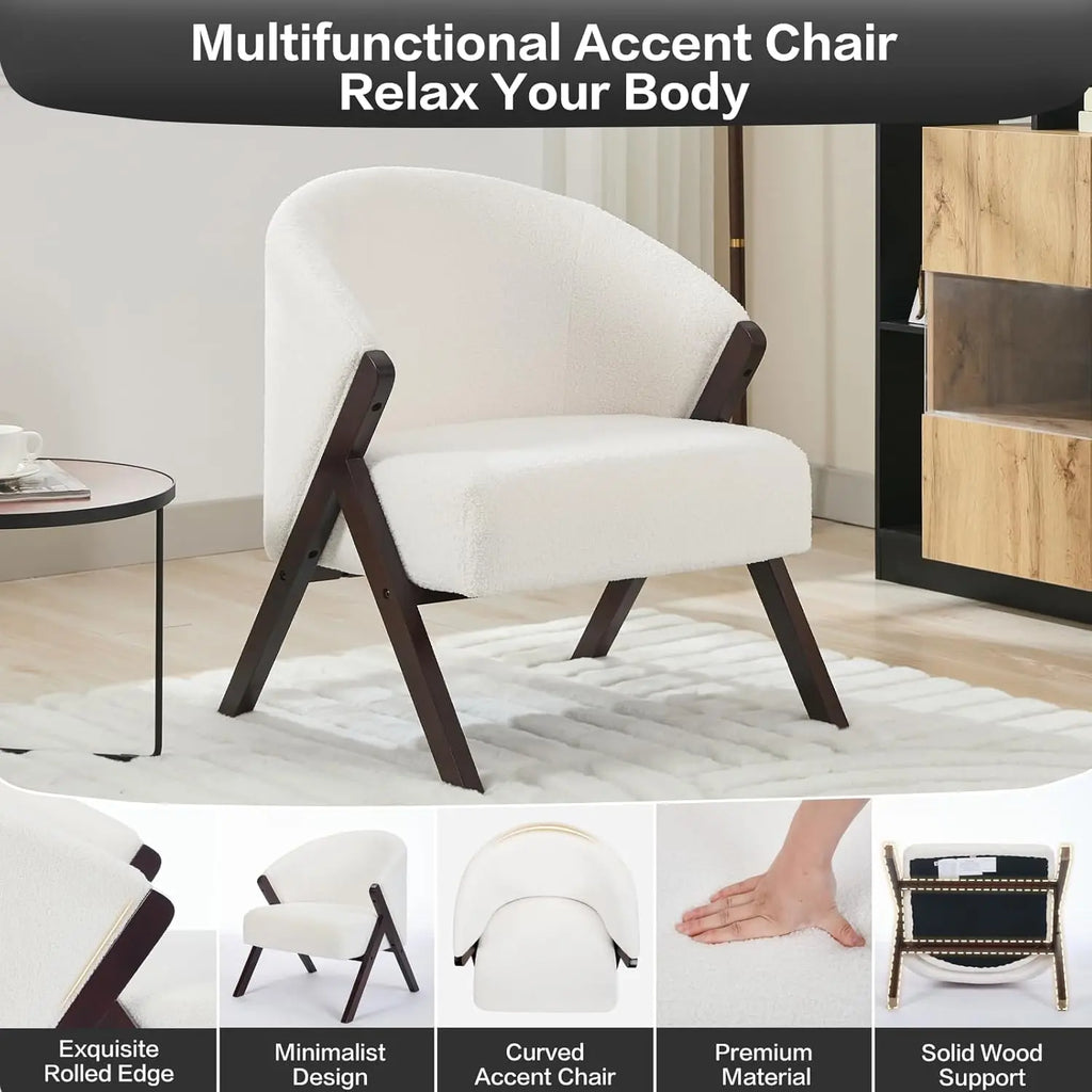 Mid Century Modern Linen Accent Chair With Wood Frame Comfortable Reading Armchair For Living Room Bedroom Balcony Easy Assembly