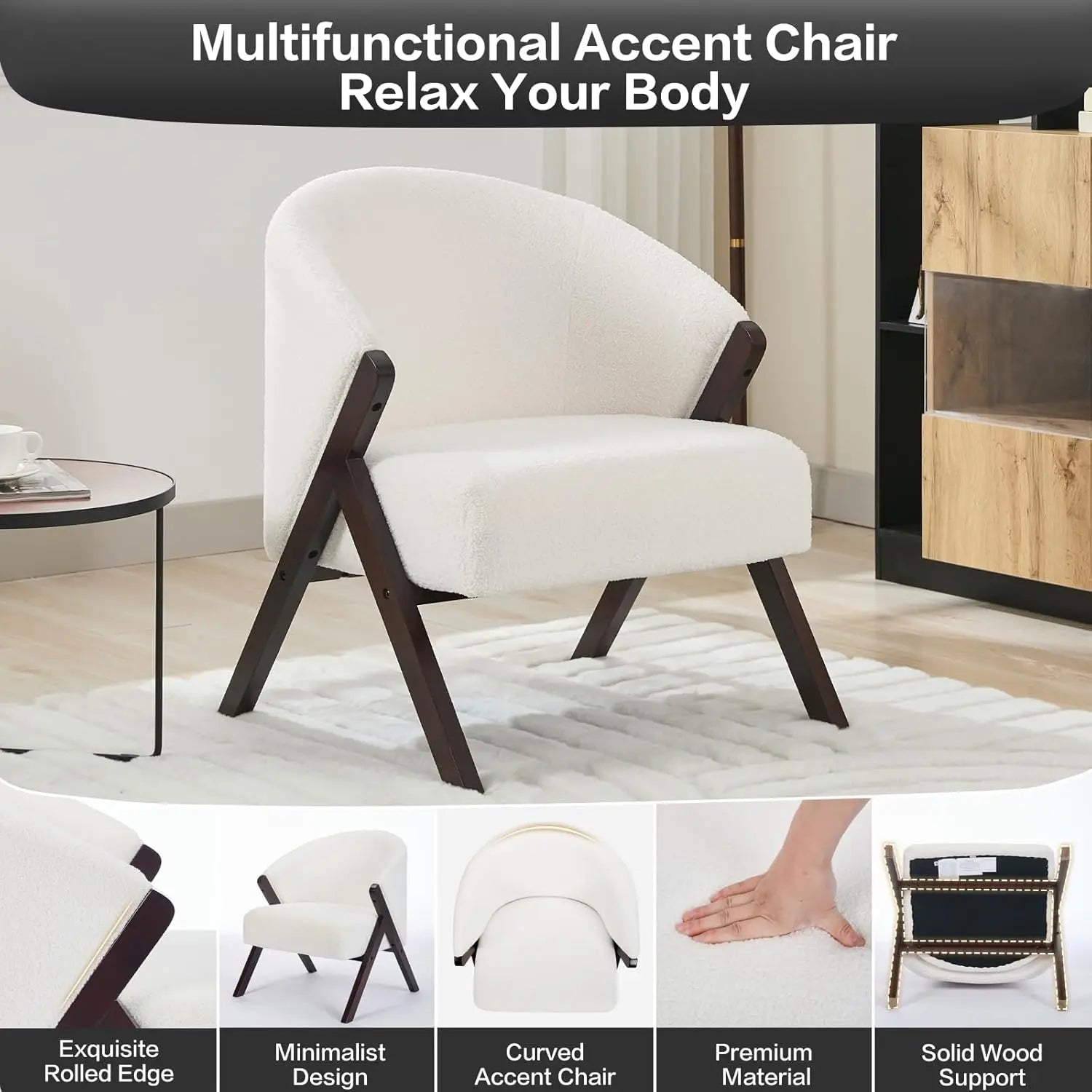Mid Century Modern Linen Accent Chair With Wood Frame Comfortable Reading Armchair For Living Room Bedroom Balcony Easy Assembly