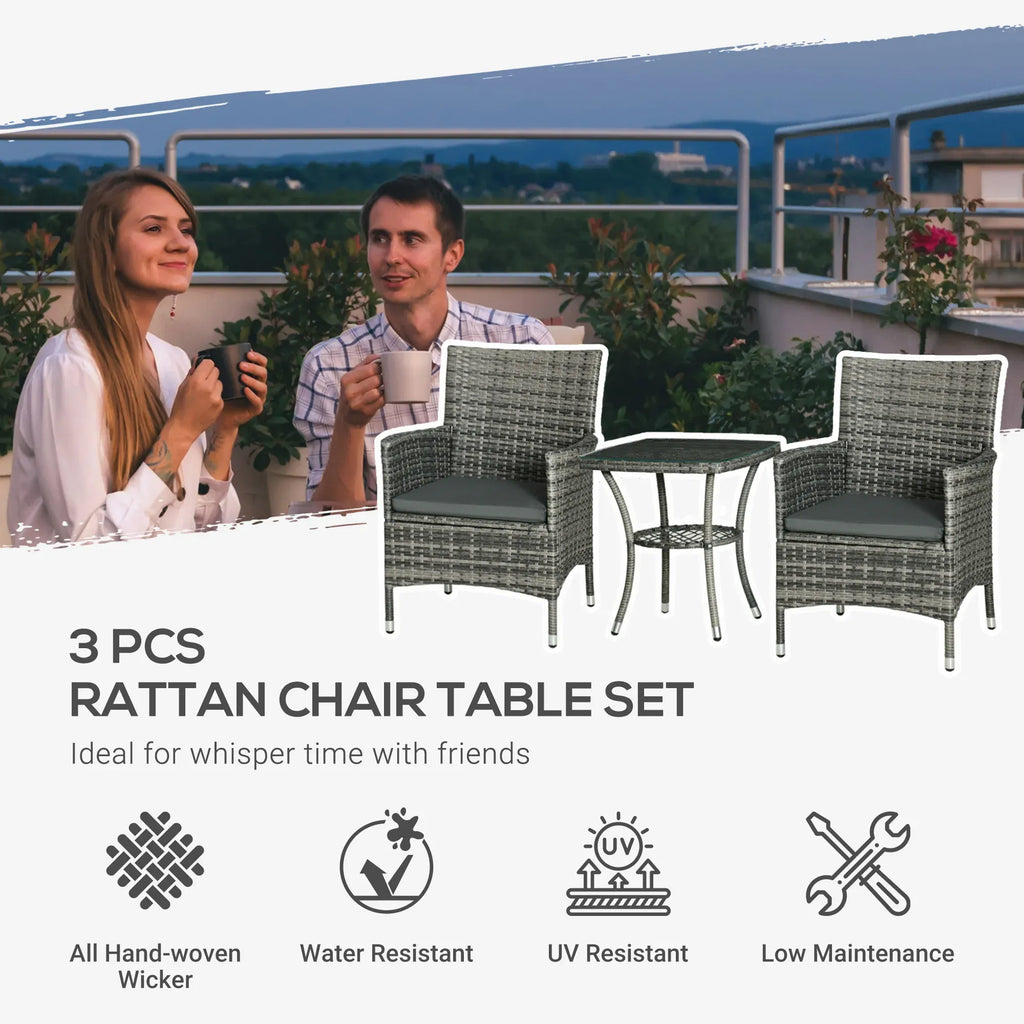 3-Piece Rattan Bistro Set — Wicker Garden Chairs & 2-Tier Coffee Table for Patio & Balcony