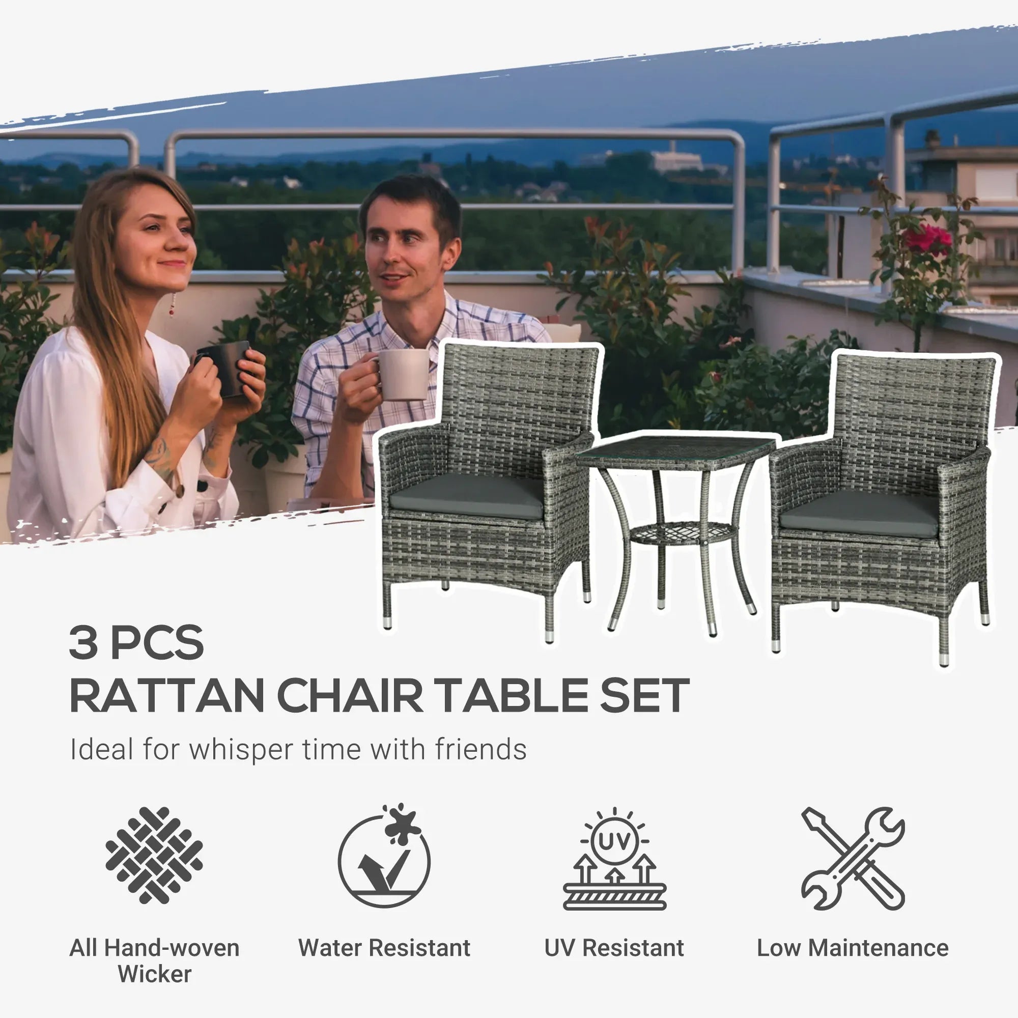 3-Piece Rattan Bistro Set — Wicker Garden Chairs & 2-Tier Coffee Table for Patio & Balcony