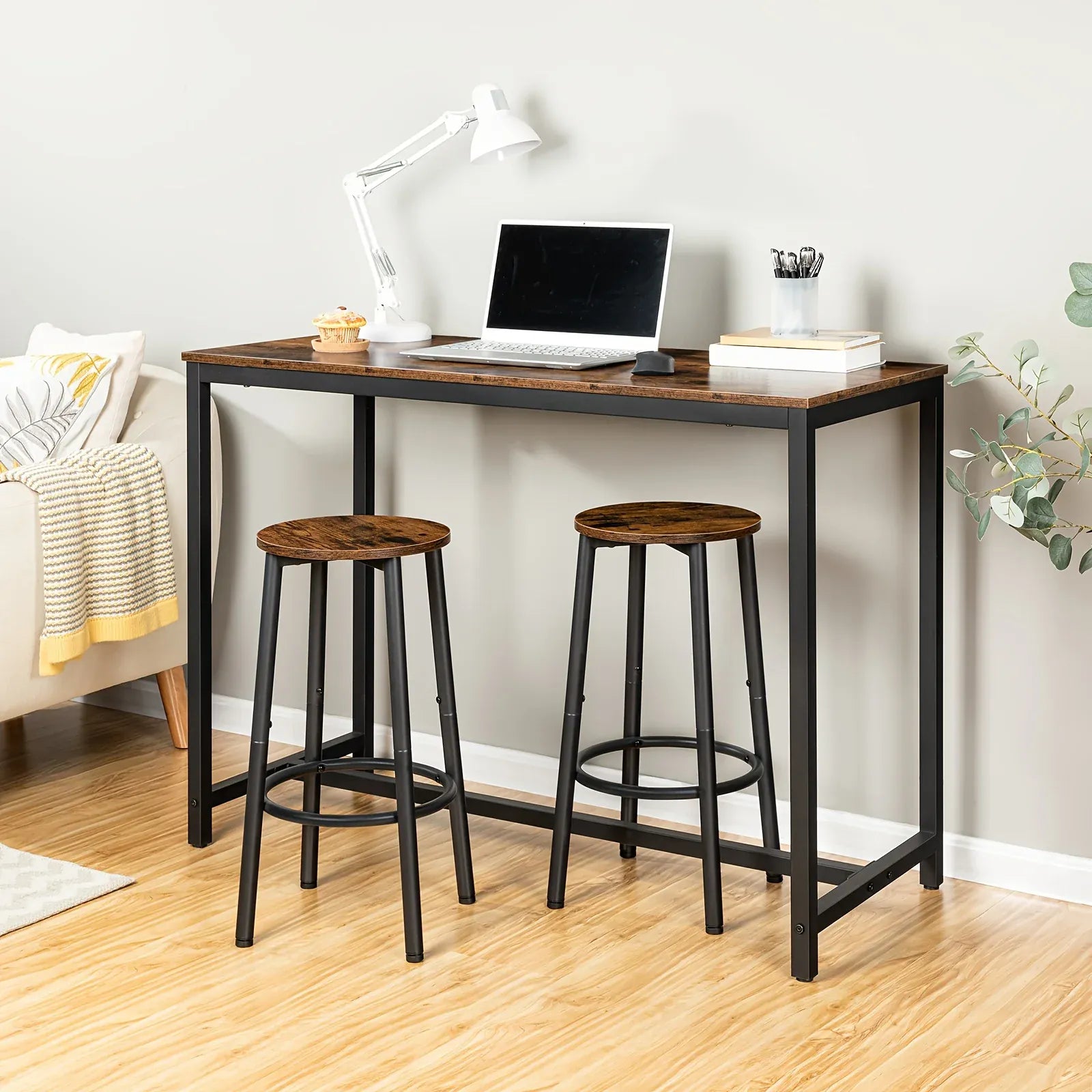 [2 Industrial Bar Stools] Set of 2 Industrial Bar Stools with Footrest | Sturdy Metal Frame, Adjustable Feet, Vintage Brown and