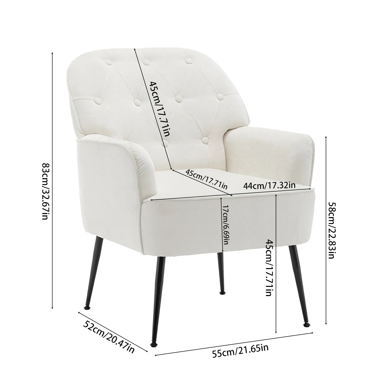 Modern Classic Upholstered Lounge Chair — Chenille Fabric, Button Detail, Grey, Beige or Yellow
