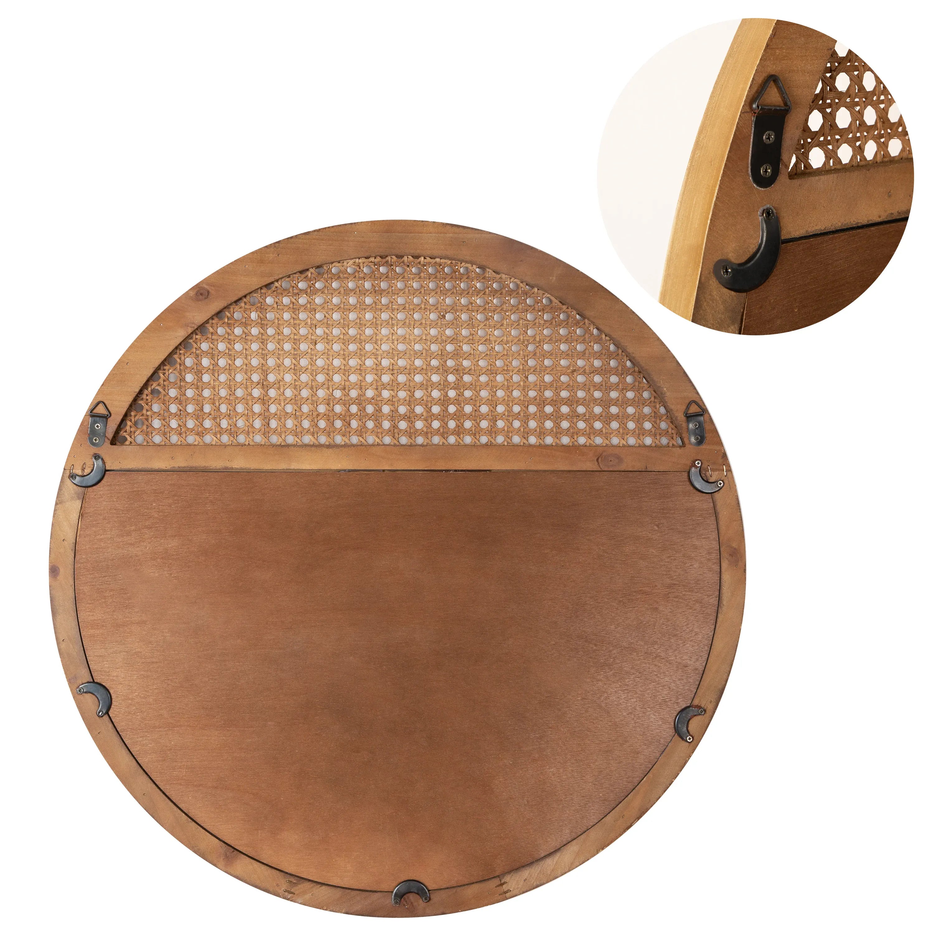 Rattan Round Wall Mirror — 24 Inch Handcrafted Wooden Frame, Vintage Boho Hanging Mirror