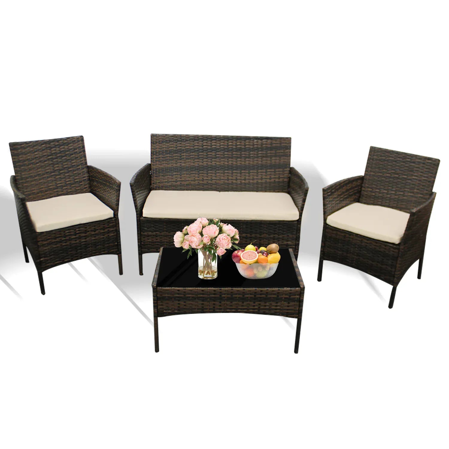 4-Piece Rattan Garden Furniture Set — Sofa, 2 Armchairs & Coffee Table with Cushions