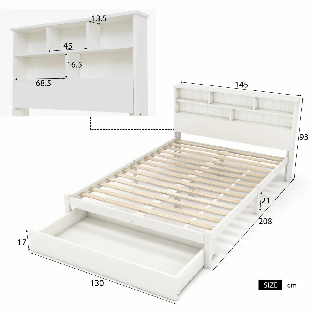 Bed with Shelves — White Wooden Storage Bed with Underbed Drawer, 4ft6 Double (135 x 190cm)