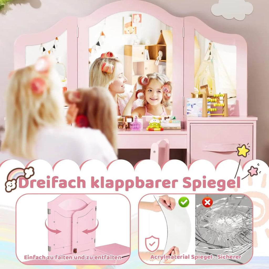 Children's Dressing Table & Chair Set | Girls Vanity Desk with Mirror | Pink