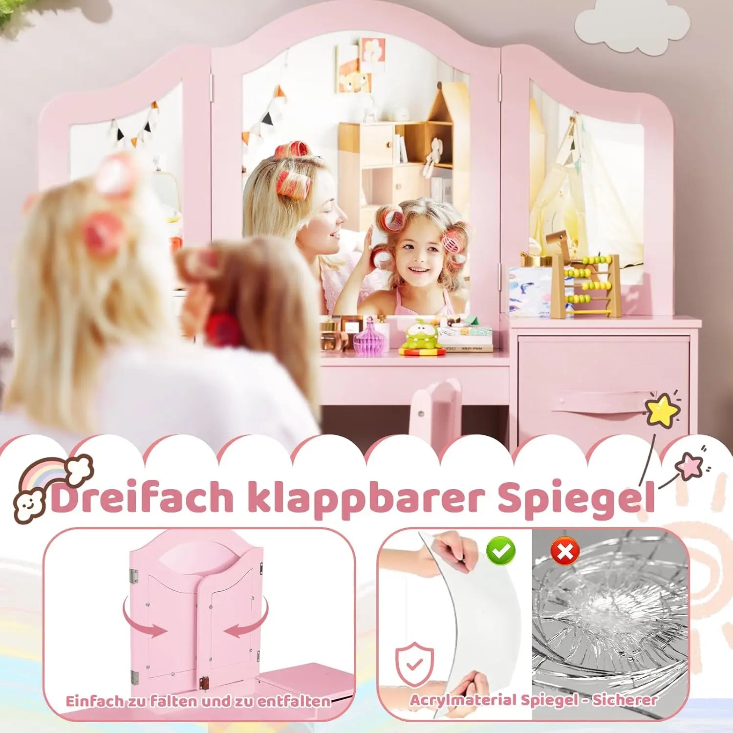 Children's Dressing Table & Chair Set | Girls Vanity Desk with Mirror | Pink