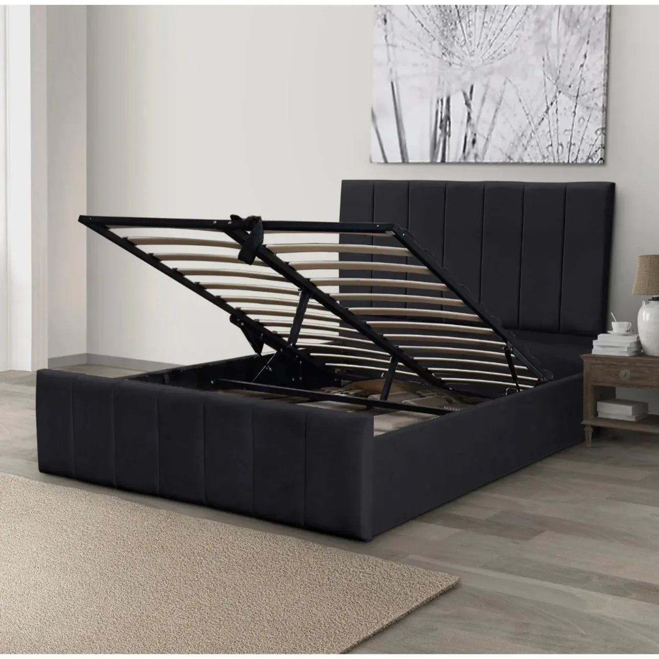 New Ottoman Storage Gas Lift Up Bed Frame Plush Velvet, Black, Cream Grey Double 4ft6 Kingsize 5FT