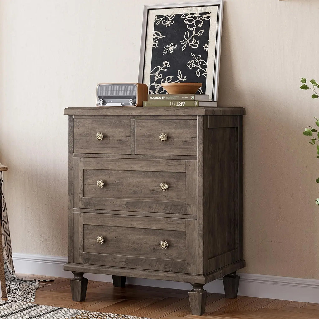 4 Drawer Vintage Dresser — Carved Handles, Tapered Legs & Wood Chest of Drawers for Bedroom