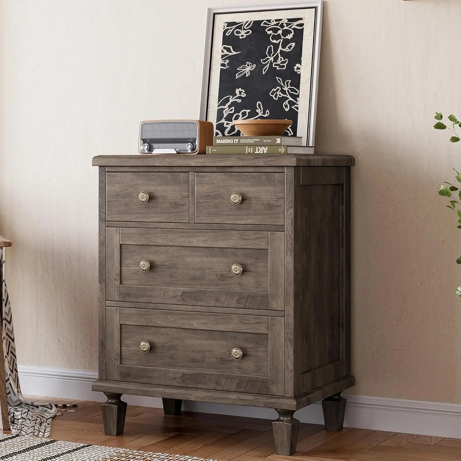 4 Drawer Vintage Dresser — Carved Handles, Tapered Legs & Wood Chest of Drawers for Bedroom
