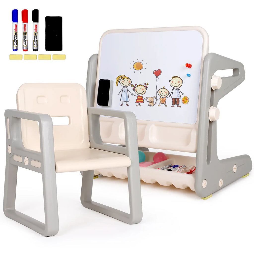 Kids 3-in-1 Activity Table, Art Easel & Chair Set | Magnetic Whiteboard & Storage | White