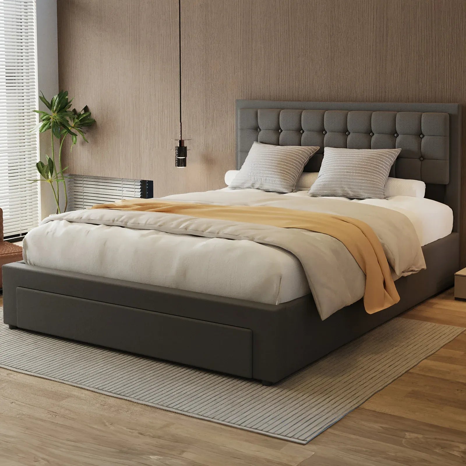 Double Size Ottoman Bed with Storage, Hydraulic Lift Upholstered Bed Frame, Functional Beds with Headboard Storage, No Mattress