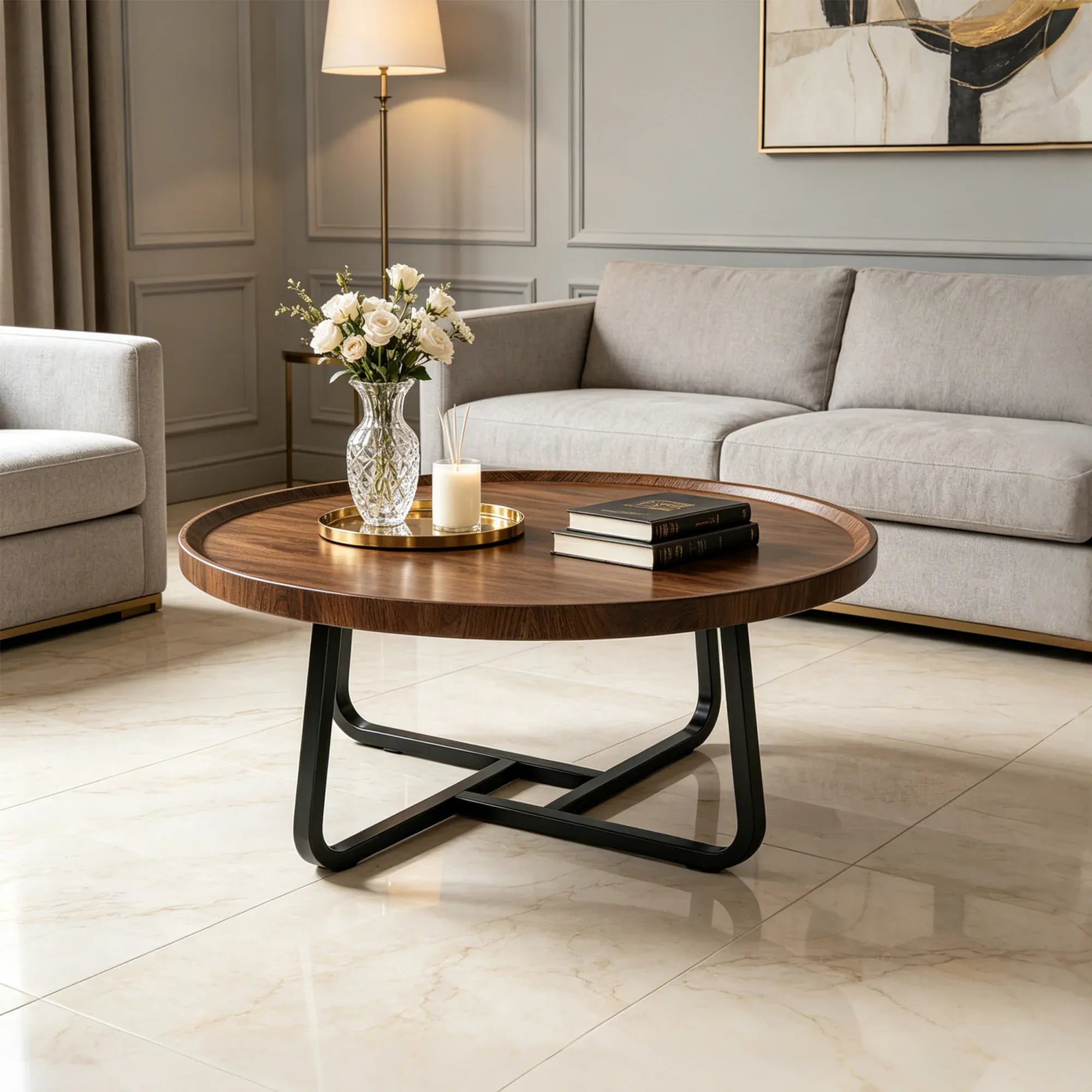 Round Coffee Table — Modern Small Side & End Table with Metal Frame, 50x50x38cm