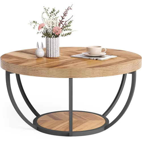 2-Tier Wood Coffee Table with Storage — Industrial Design Living Room Accent Table