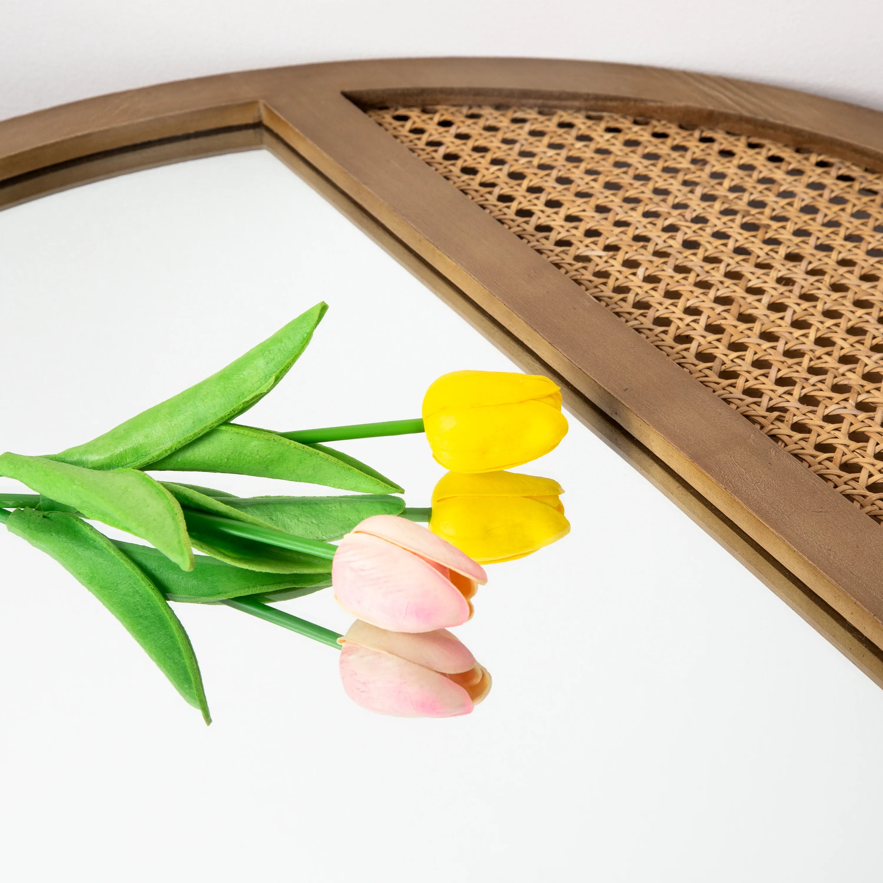 Rattan Round Wall Mirror — 24 Inch Handcrafted Wooden Frame, Vintage Boho Hanging Mirror