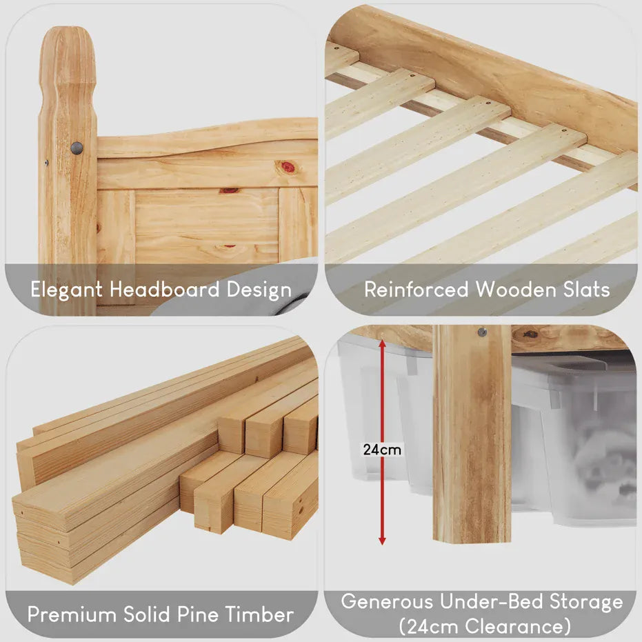 Corona Single Bed Frame | Solid Pine Wood | High or Low Foot End | Rustic Elegance