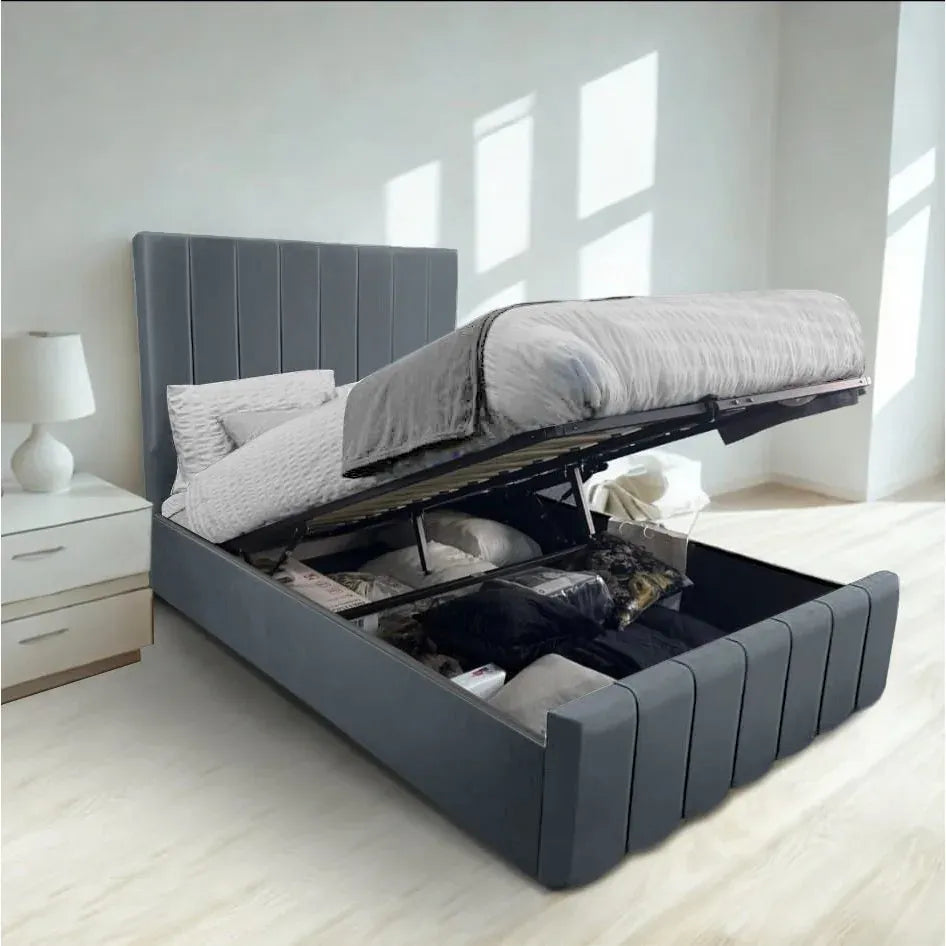 New Ottoman Storage Gas Lift Up Bed Frame Plush Velvet, Black, Cream Grey Double 4ft6 Kingsize 5FT
