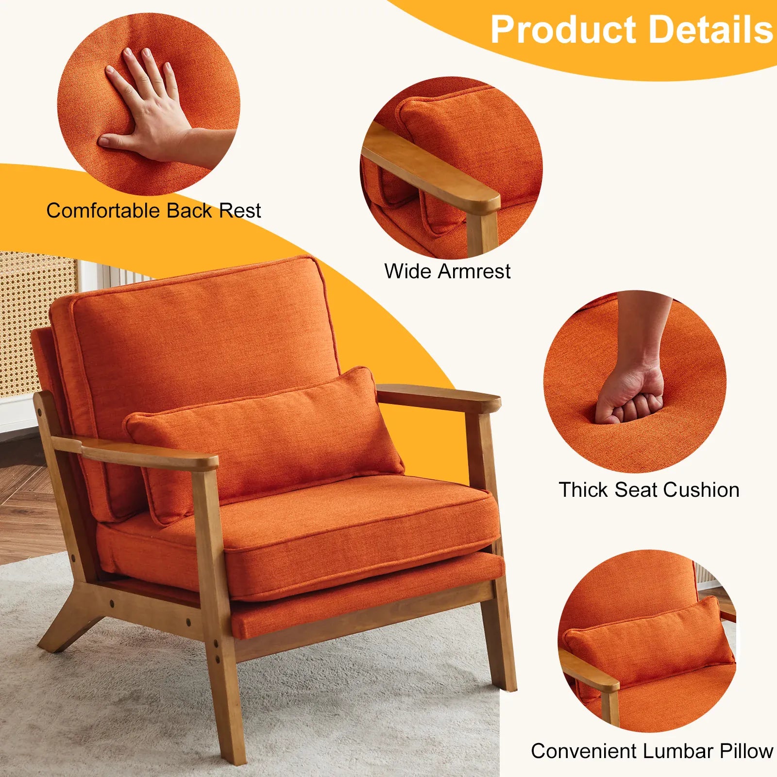 Mid-Century Modern Accent Chair | Oak Wood Frame | Linen-Cotton Upholstery | 4 Colours
