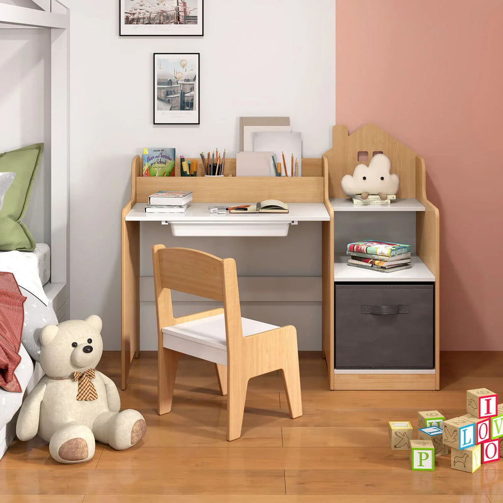 Kids Study Desk & Chair Set with Shelves & Drawer | Natural Wood Style | Ages 3+