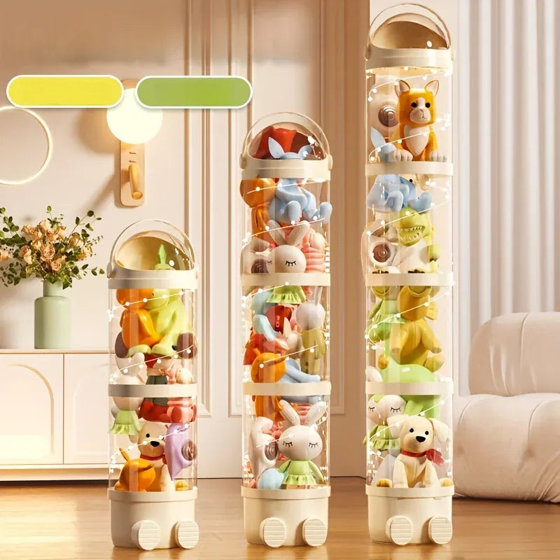Clear Stuffed Animal Storage Tube | Stackable Toy Organiser | Beige & Pink