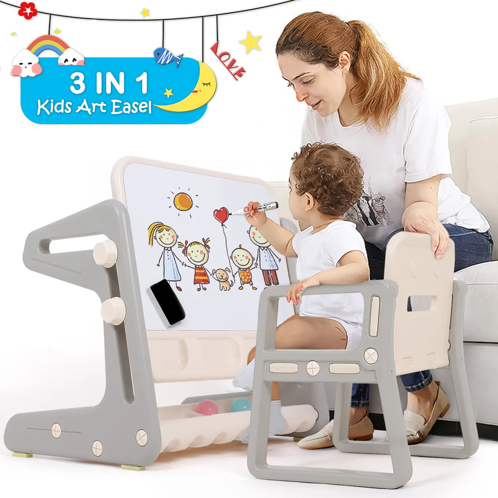 Kids 3-in-1 Activity Table, Art Easel & Chair Set | Magnetic Whiteboard & Storage | White