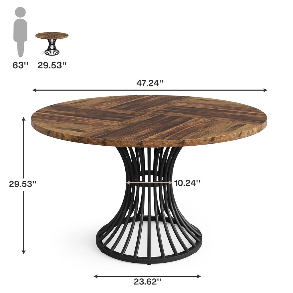 Round Dining Table for 4–6 — 47 Inch Farmhouse Circle Table with Hourglass Metal Base